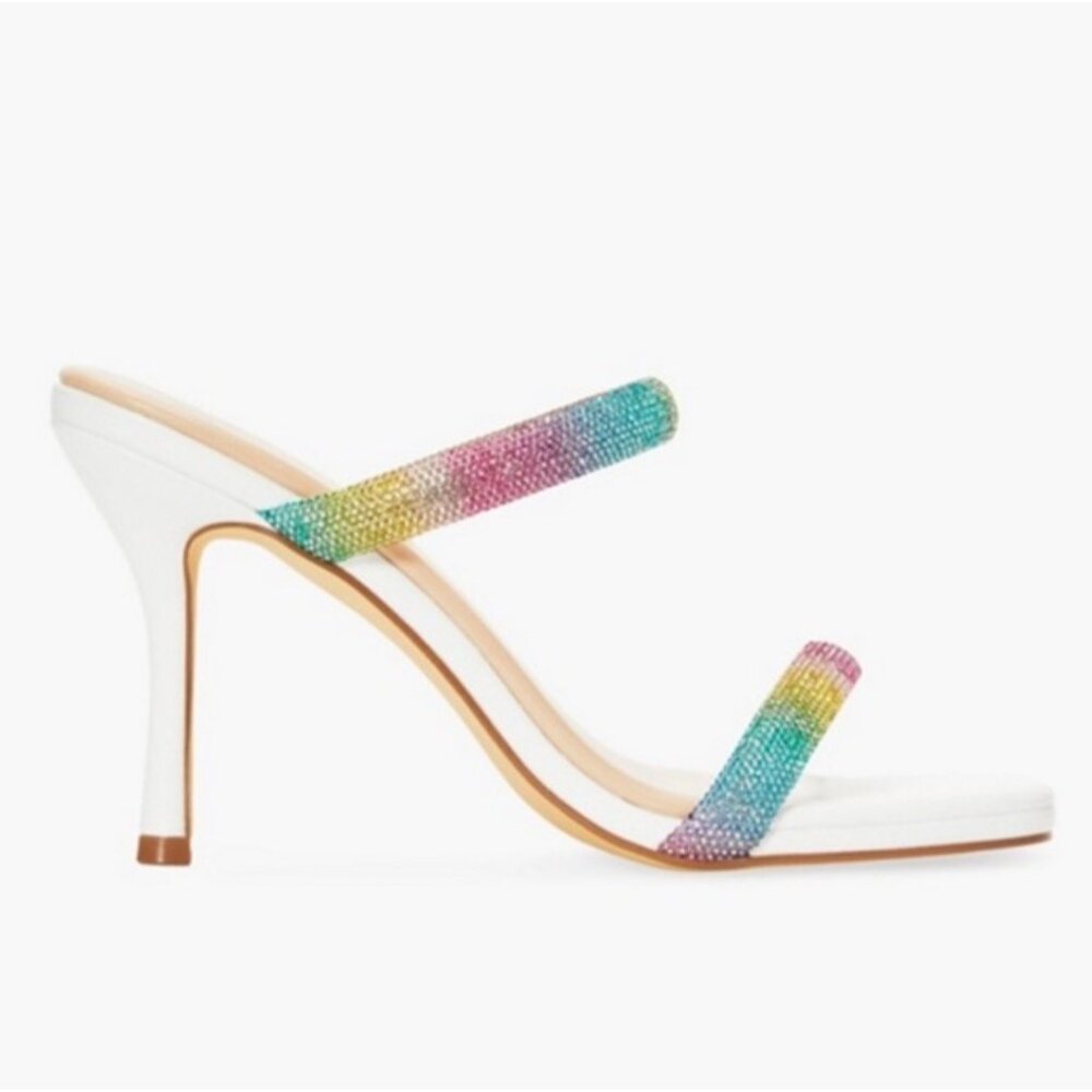 NIB Just Fab White Rainbow Rhinestone Heeled Sandals | Barbiecore Soft Girl Glam - Picture 5 of 8